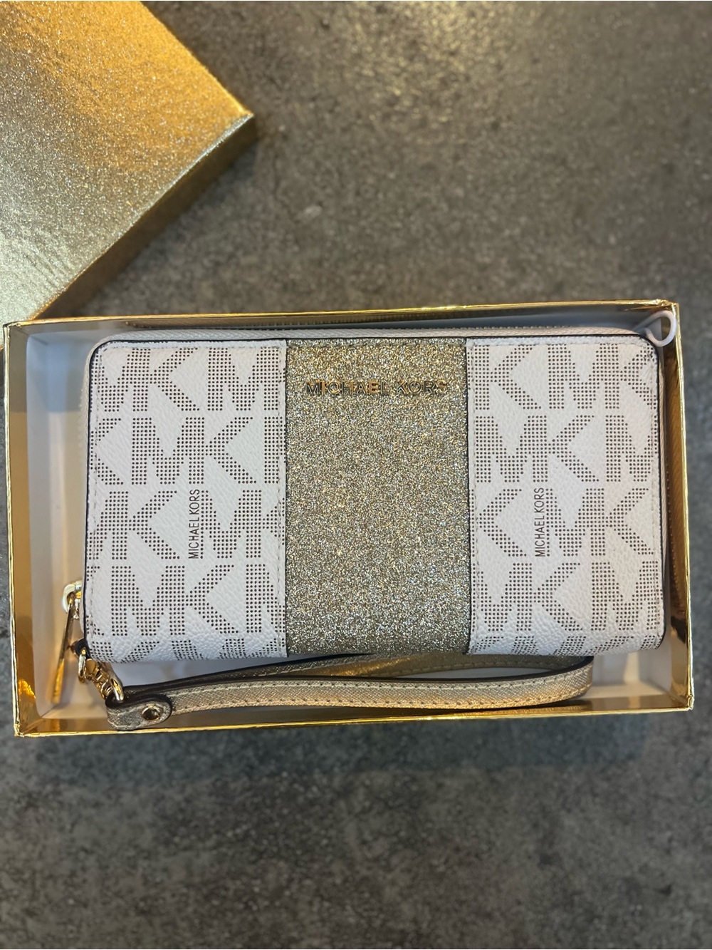 Michael Kors White Logo Wristlet with Gold Glitter Center